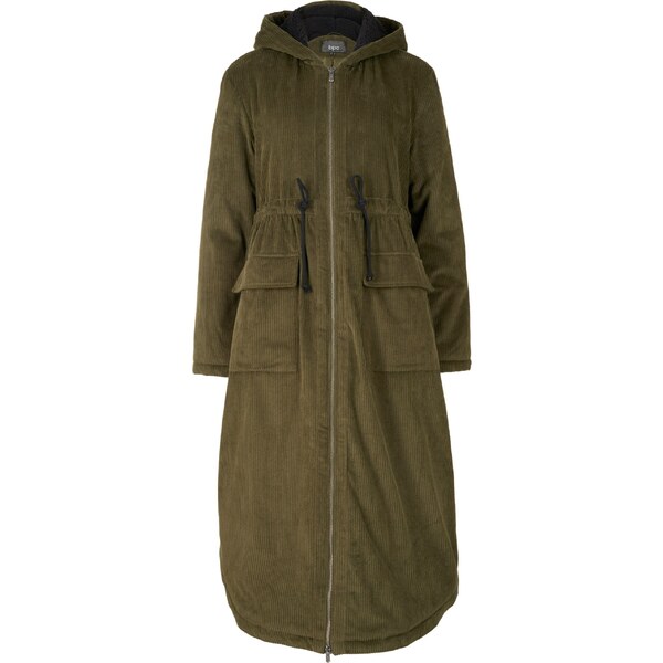 bonprix Kordový kabát s kožušinkou na kapucni,, farba zelená 44792851