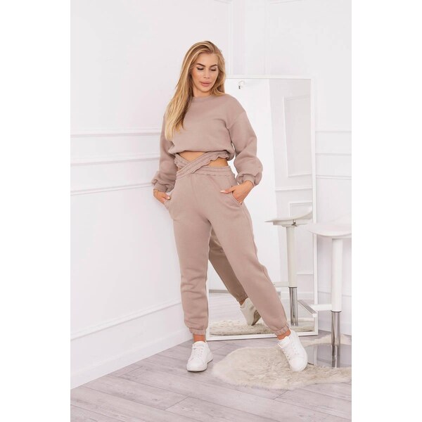 MladaModa Zateplená crop-topová tepláková súprava 69416 tmavá béžová 35230920