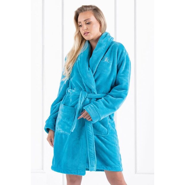 Momenti per me Huňatý župan Victoria tyrkysový s výšivkou 35764637