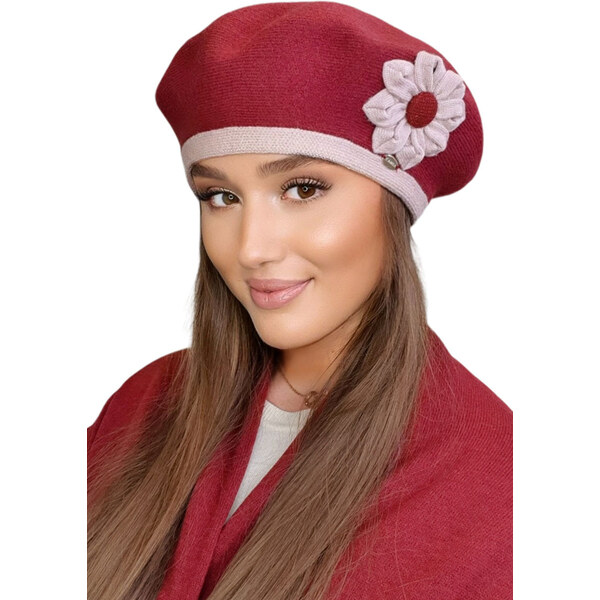 Kamea Bordová luxusná dámska baretka na zimu s kvetom Dahlia, Farba 35993488