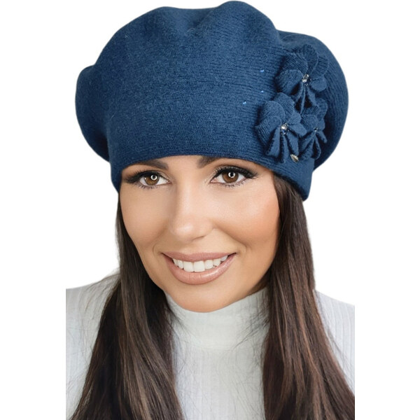 Kamea Tmavomodrá luxusná elegantná dámska baretka na zimu s kvetmi 37861678