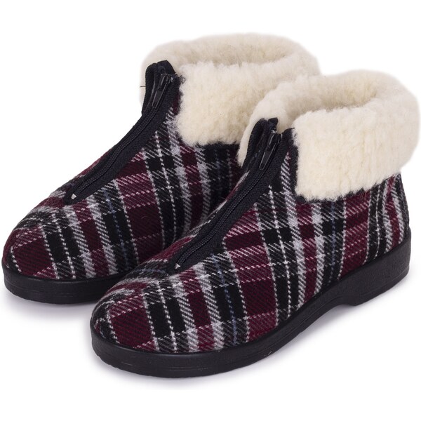 Vlnka Dámske členkové papuče s ovčou vlnou na zips Oľga káro veľkosti 36427647