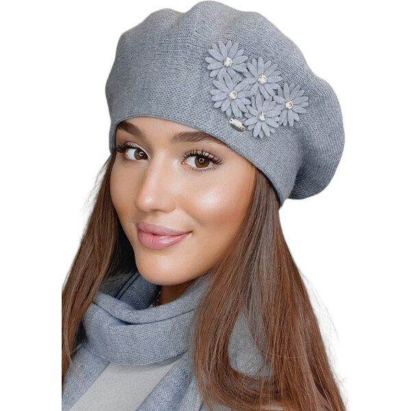 Kamea Šedá luxusná elegantná dámska zimná baretka s kvietkami Tala, 38059356