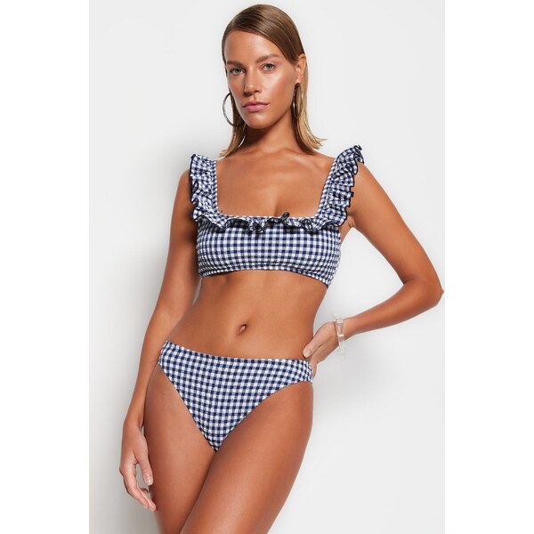 Trendyol Navy Blue Gingham textúrovaná braletka Flounce Bikini Top 50606173