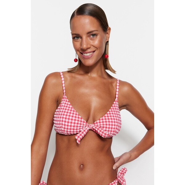 Trendyol Red Gingham Textured Triangle Tie Bikini Top 55092150