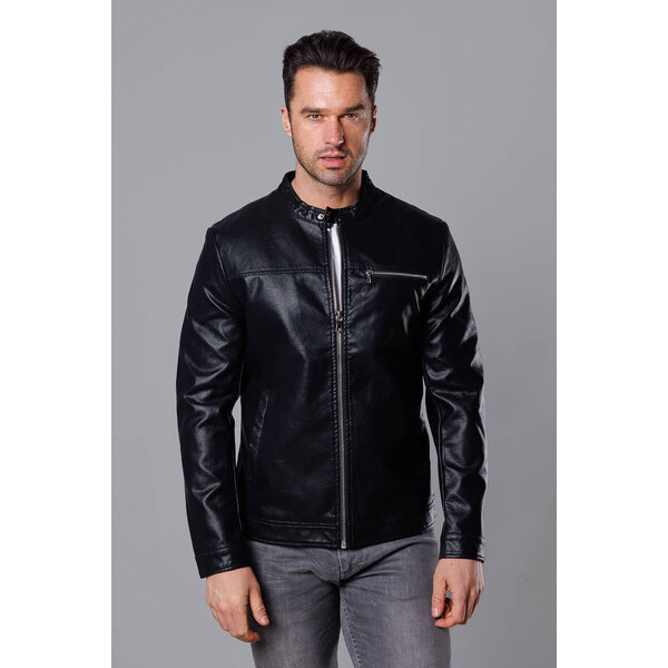 J.STYLE Klasická čierna pánska bunda z eko kože (11Z8025) 39492080