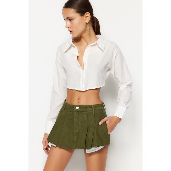 Trendyol Khaki Pleated Mini Denim Shorts Skirt 50536757