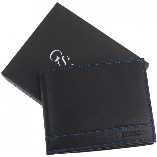 Kožená čierna pánska peňaženka s modrou niťou v krabičke GROSSO 40805901