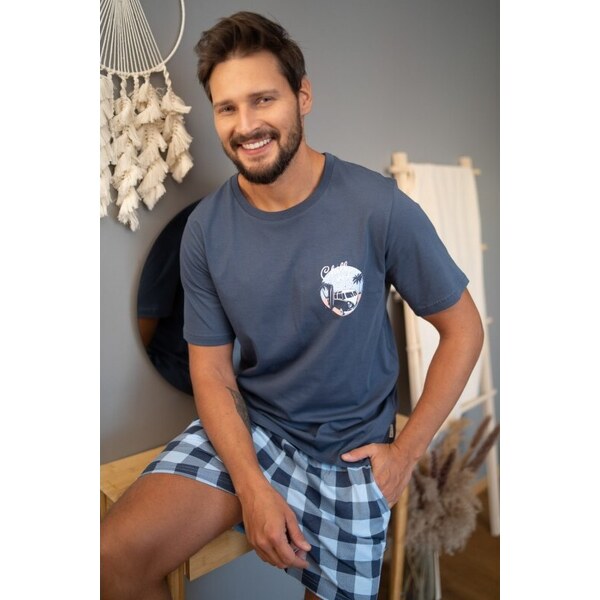 DOCTOR NAP Sivé pánske krátke pyžamo s kockovanými šortkami 66155005