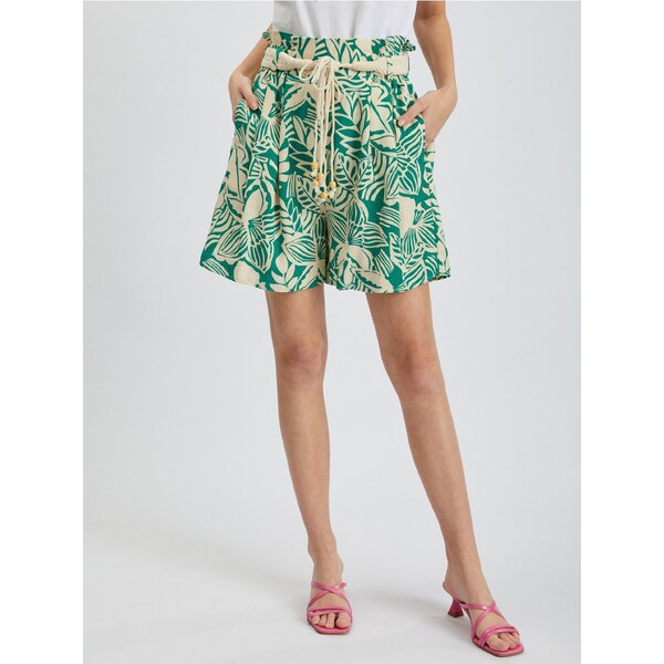 Krémovo-zelené dámske vzorované kraťasy s prímesou ľanu ORSAY 50524553