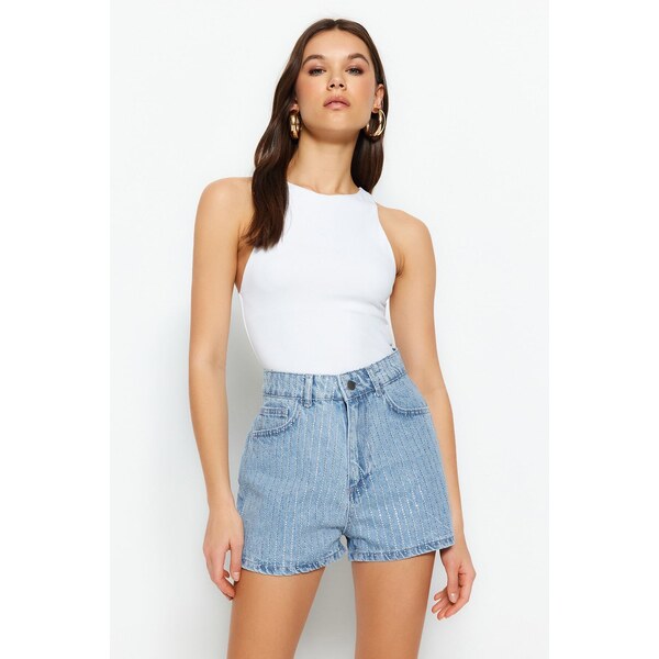 Trendyol High Waist Denim Shorts With Blue Stones 50524216