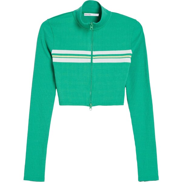 Bershka Tepláková bunda zelená / šedobiela 63332149