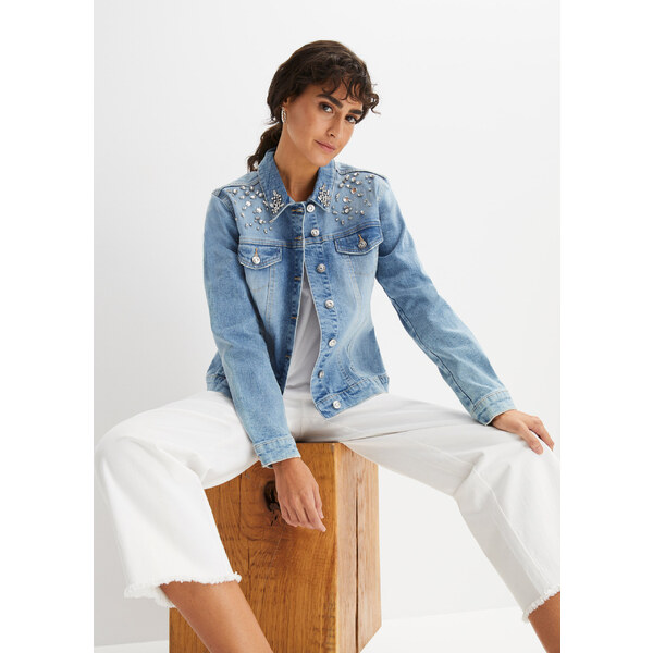bonprix Džínsová bunda so štrasovou aplikáciou, farba modrá 45250302