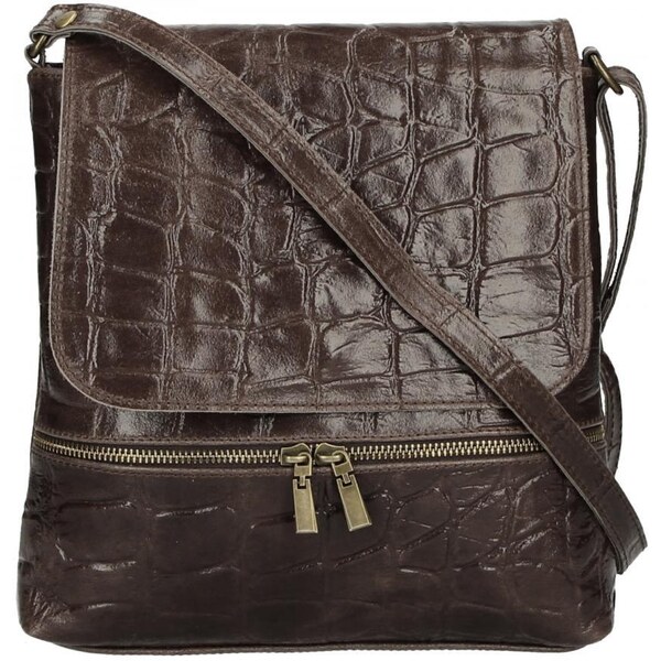 BORSE IN PELLE Kožená dámska crossbody kabelka v kroko dizajne tmavo 43587699