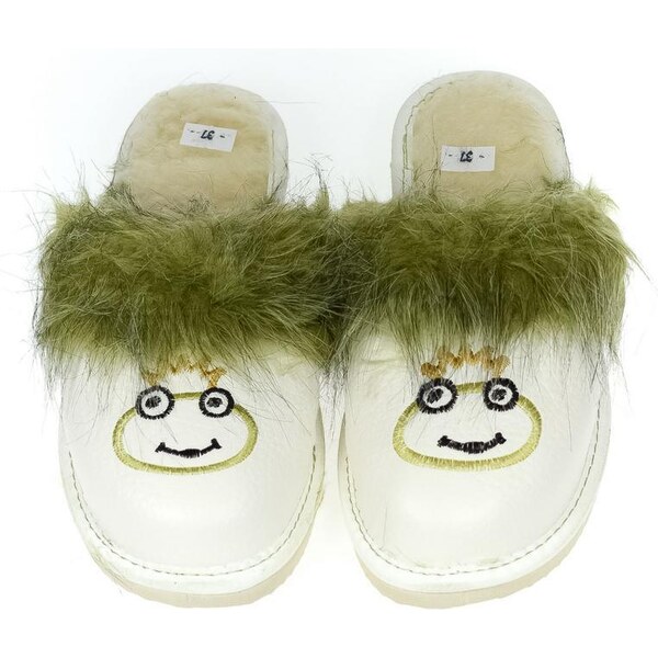 JOHN-C Dámske kožené zateplené biele papuče ŽABIA KRÁĽOVNÁ 44054146