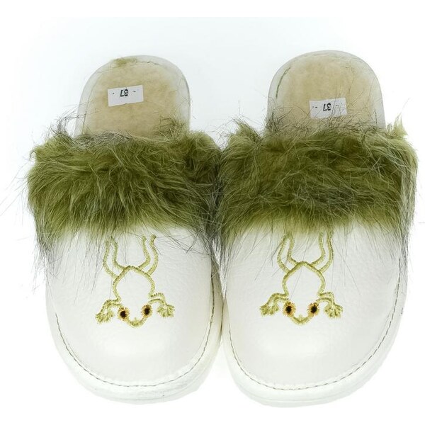 JOHN-C Dámske kožené zateplené biele papuče ŽABIČKA 44054147