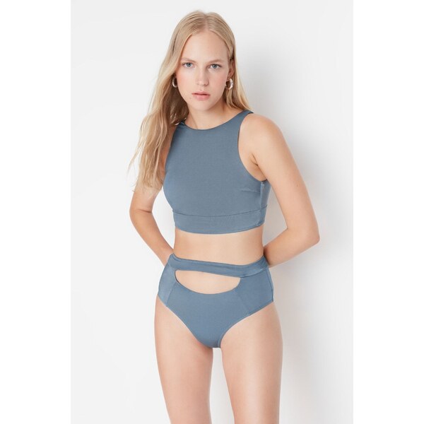 Trendyol Blue Shiny Cut Out Detailed High Waist Bikini Bottoms 54998455