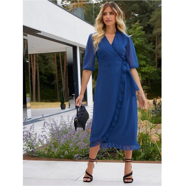 Chi Chi London Modré midi šaty Dobby 44849608