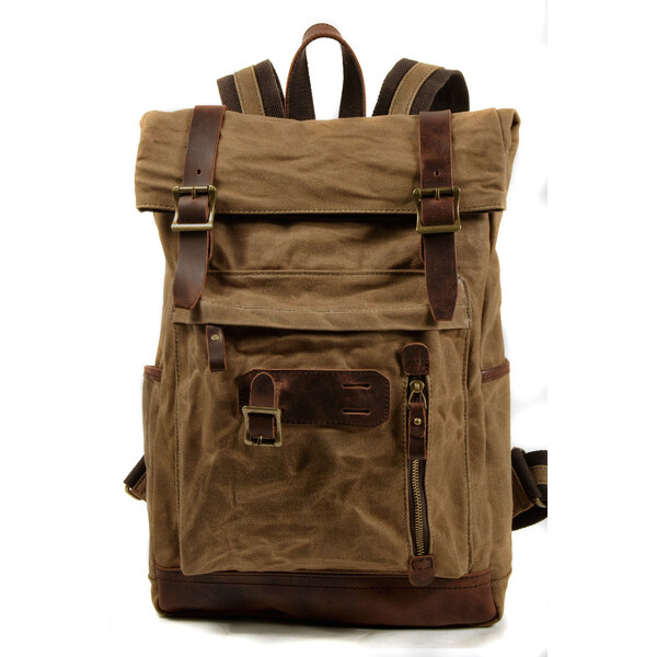 Glara Študentský retro rolovací batoh s koženými doplnkami 36989024