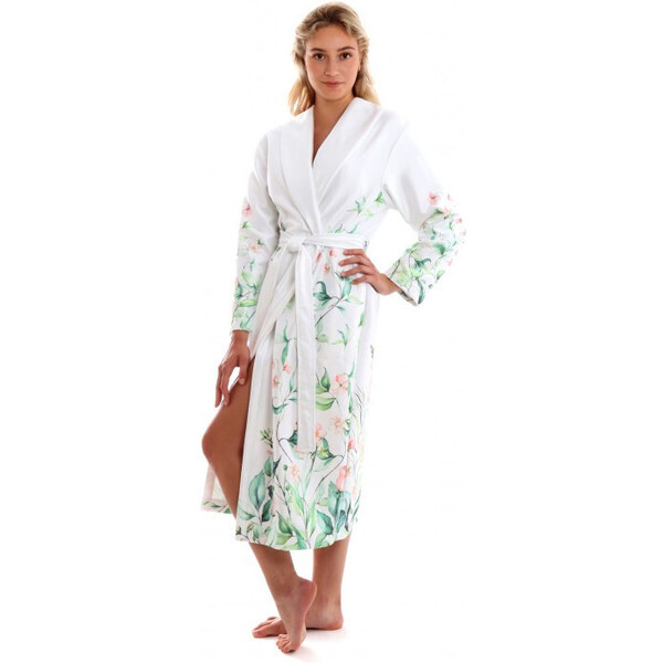 Dámsky župan s golierom JULIA 2151 0001 Biela s kvetmi - Vestis 49767552