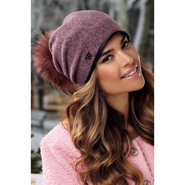 KRUMLOVANKA Vlnená dámska čiapka s brmbolcom W-0598/628M staroružový 65588042