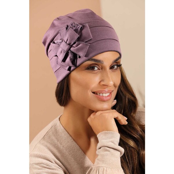 KRUMLOVANKA Dámska bavlnená čiapka s mašľou W-0670/890 staroružová 63302713