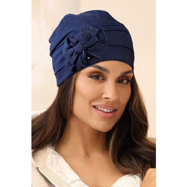 KRUMLOVANKA Dámska bavlnená čiapka s mašľou W-0670/161 tmavo modrá 62186946