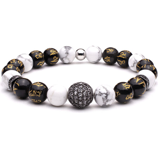 BudNej Minerálny náramok MAGIC BALL z howlitu a obsidiánu s mantrou 50092173