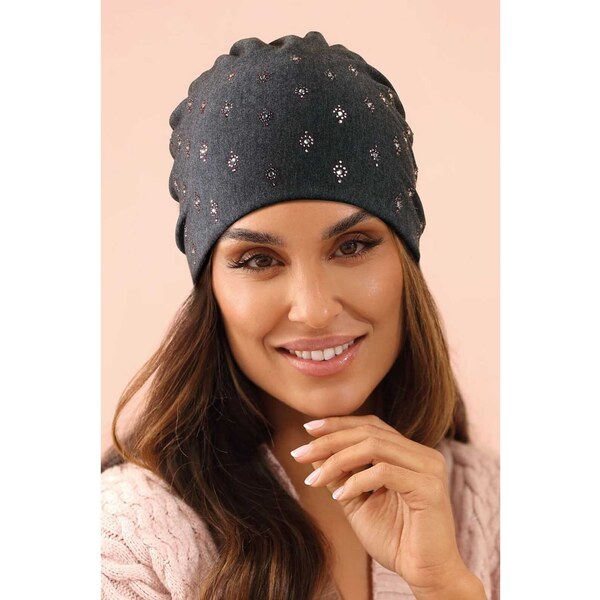 KRUMLOVANKA Dámska bavlnená čiapka s bižutériou W-0634/693 antracitová 67043055
