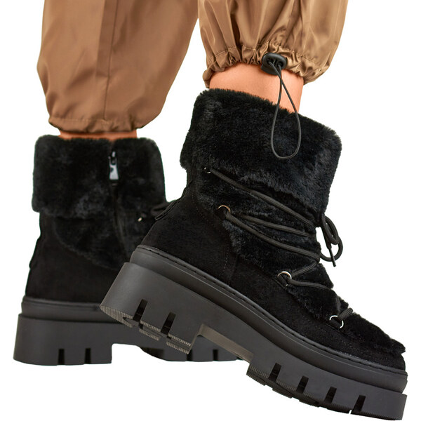 primohurt Dámske čierne kožušinové snehule s ozdobným šnurovaním 58356748