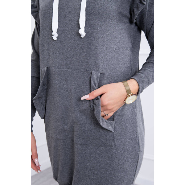 K-Fashion Šaty s ozdobnými volánikmi a kapucňou v grafitovej farbe 49759429