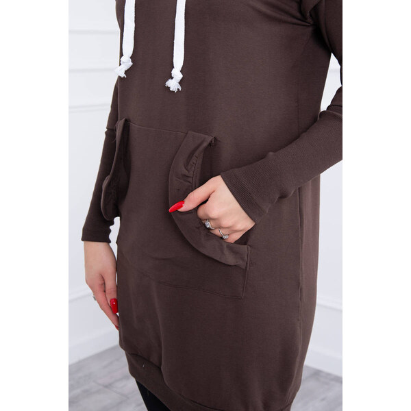 K-Fashion Šaty s ozdobnými volánikmi a kapucňou v hnedej farbe 49759439