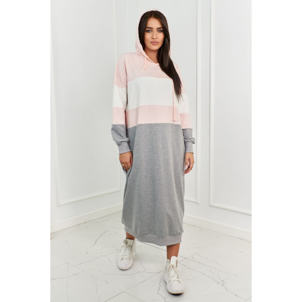 K-Fashion Trikolórne šaty s kapucňou púdrovo ružová + ecru + šedá 49766875