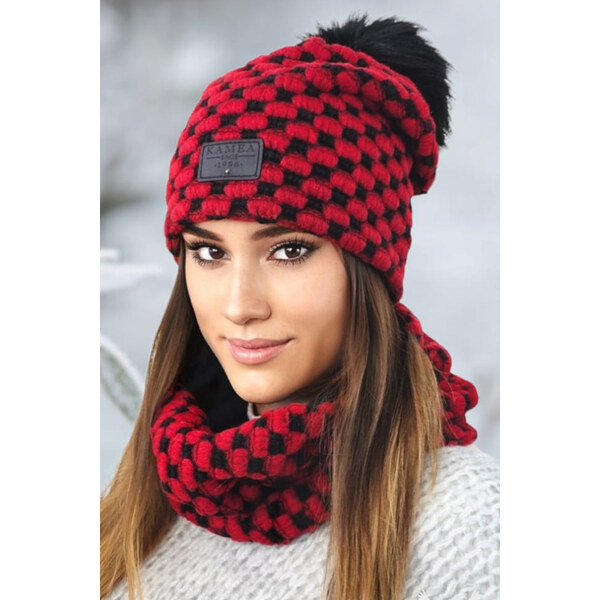 Kamea Červený dámsky set čiapka s brmbolcom + nákrčník Imelda, Farba 47196146