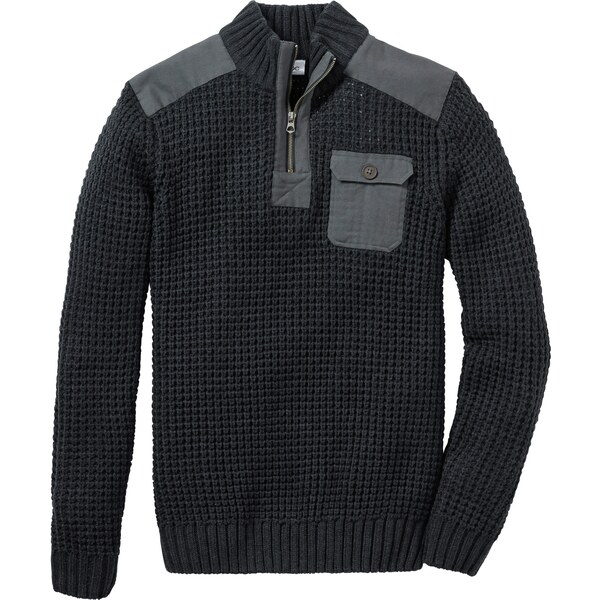 bonprix Pulóver so stojačikom, hrubé pletenie, tkaná časť, farba šedá 45853572