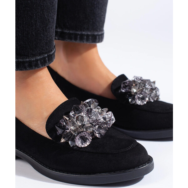 BASIC Dámske čierne semišové mokasíny s ozdobou Potocki 23-12043B 41636763