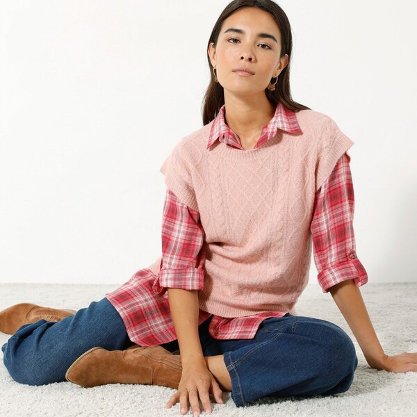 Pulóvrová vesta s vrkočovým vzorom ružová pudrová 044 Blancheporte 48078961