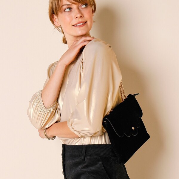 Kabelka so zvlneným zakončením, zamatový vzhľad čierna 000 48090489