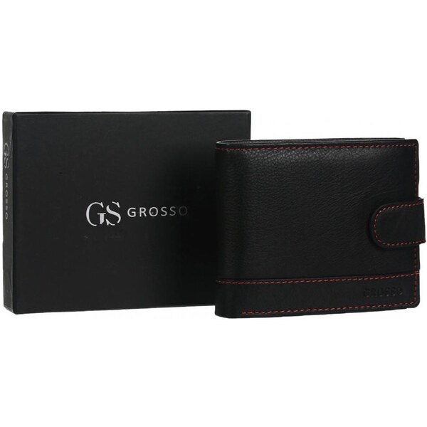Kožená čierna pánska peňaženka so zápinkou a červenou niťou v krabičke 48103554