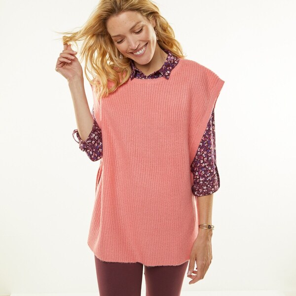 Dlhá vesta z hladkého úpletu s viazačkami na bokoch lososová 040 48147847