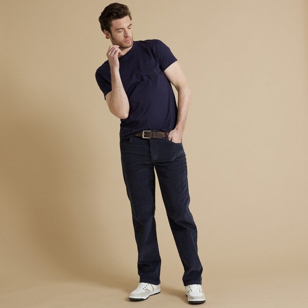 Menčestrové nohavice s 5 vreckami a pružným pásom na bokoch modrosivá 48198782