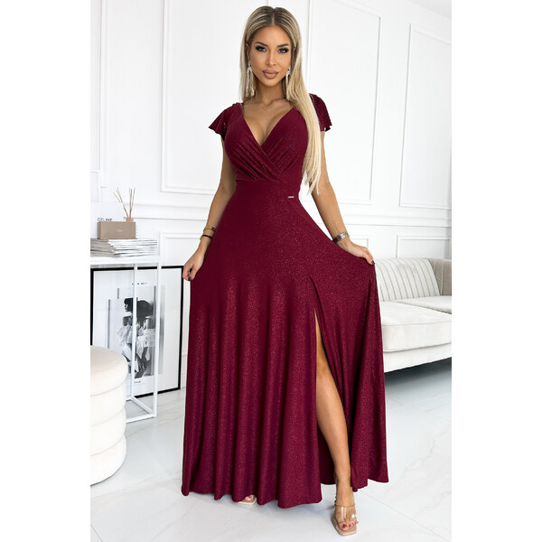 miadresses.sk Bordové trblietavé šaty s volánikovými rukávmi 48199212