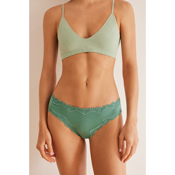 womensecret Zelené brazílske nohavičky z mikrovlákna s čipkou 48669880