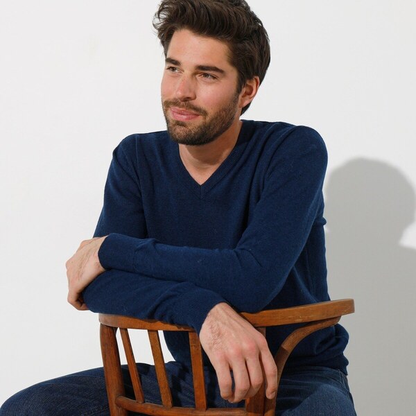 Pulóver s výstrihom do V, 100 % akryl nám.modrá 086 Blancheporte 48073430