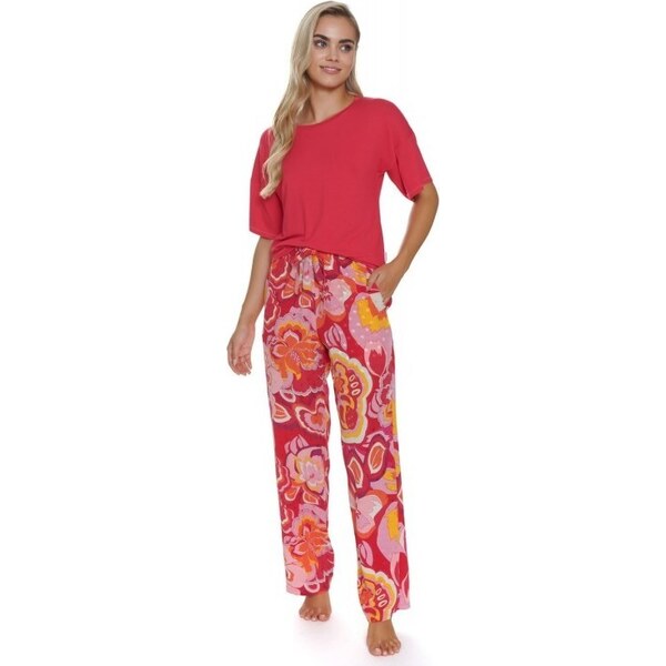 Doctor Nap ružové dámske pyžamo s kvetinovými nohavicami 49026496