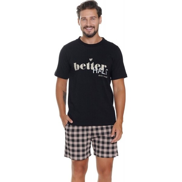 Doctor Nap čierne pánske krátke pyžamo s károvanými šortkami 49026497