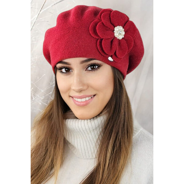 Kamea Červená luxusná elegantná dámska baretka na zimu s kvetom Kalia, 49051502