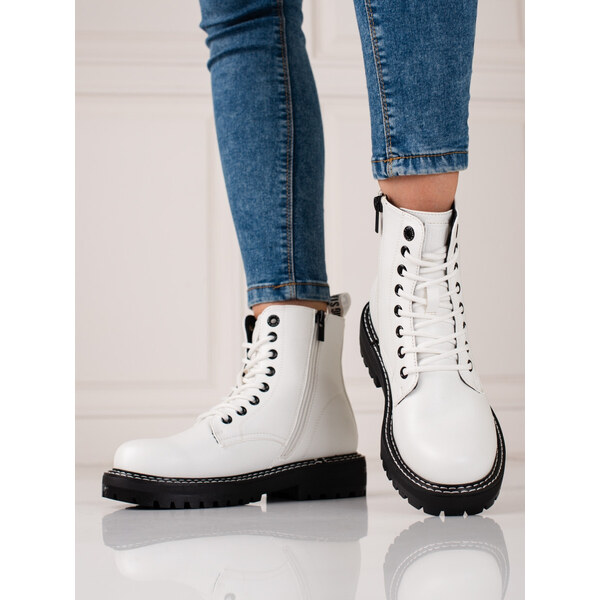 Dámske členkové topánky na plochom podpätku KK274539 Biela s čiernou - 49782442