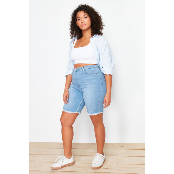 Trendyol Curve Blue Leg Tassel Detailed Stretchy Skinny Denim Shorts 50664955