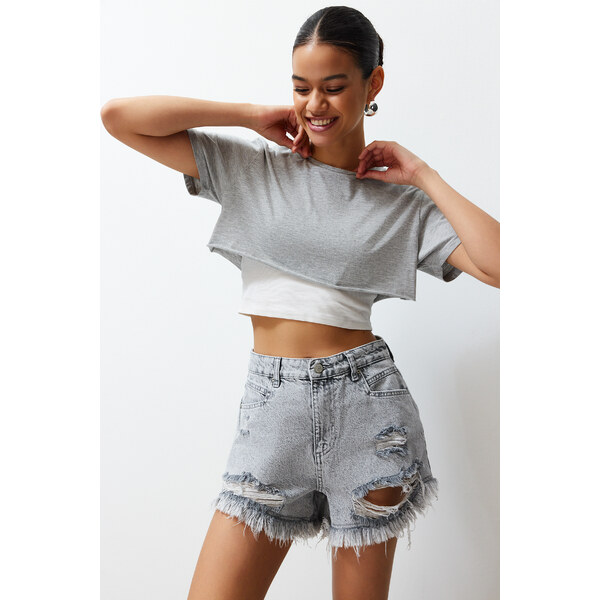 Trendyol Gray Ripped Detailed High Waist Denim Shorts 50578711